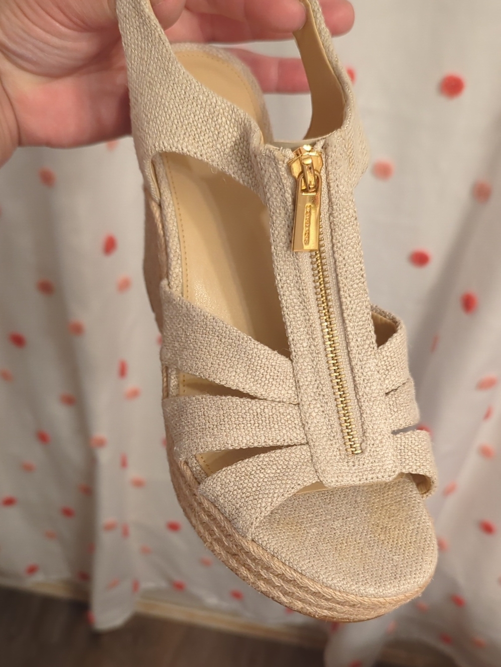 Michael Kors Neutral Espadrille Wedge Sandals with Gold Zip